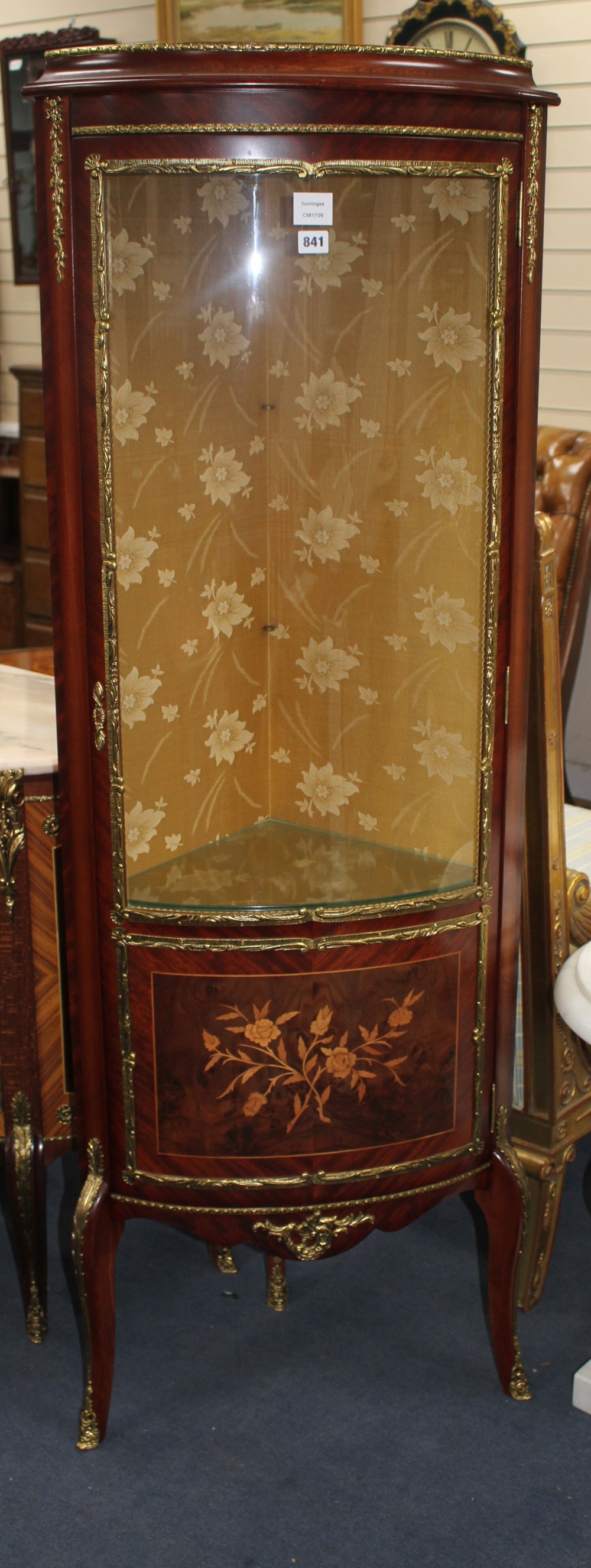 A Meuble Francais marquetry inlaid standing corner cabinet, W.58cm D.38cm H.165cm